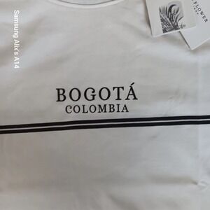 Denim & Flower Striped T-Shirt Bogotá Colombia Men's White Travel Souvenir Tee